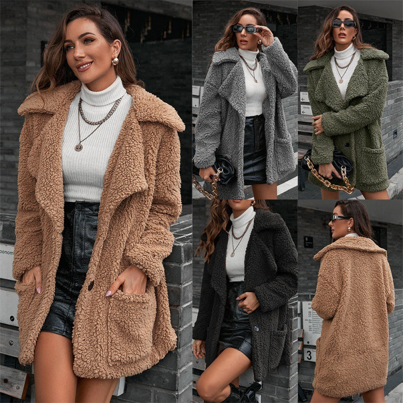 Einreihige Bubble-Fleece-Jacke mit lockerem Revers und Lammfleece-Trenchcoat