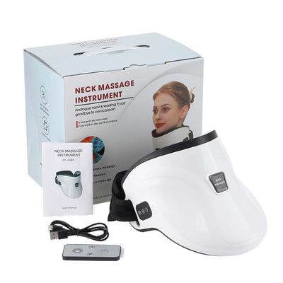 Electric neck massage instrument with heat, air traction features, remote control, and user manual in a stylish white design.