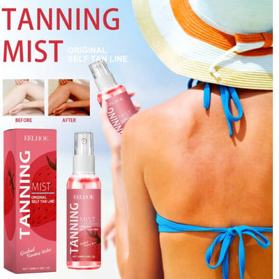 EELHOE Tanning Mist spray bottle with before and after skin comparison, showcasing a sun-kissed glow effect.