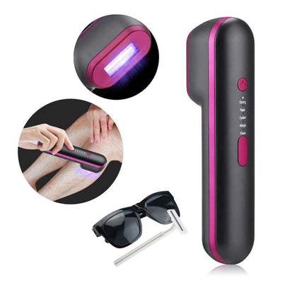 IPL laser hair removal device with control options, user applying it on skin, and protective glasses included.