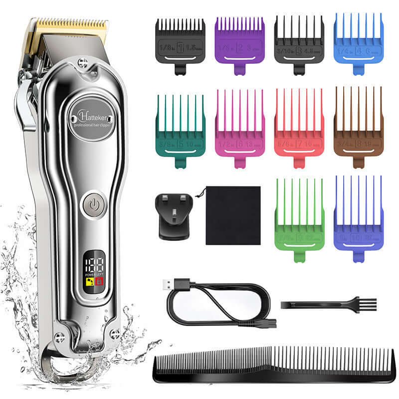 LED Electric Hair Clipper set with adjustable combs, cleaning brush, and USB charger for versatile grooming.