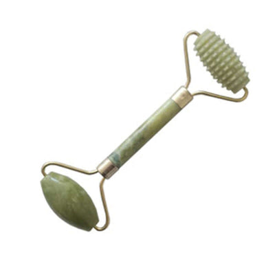 Natural jade beauty container massager roller for promoting skin elasticity and circulation. Ideal for face and body use.