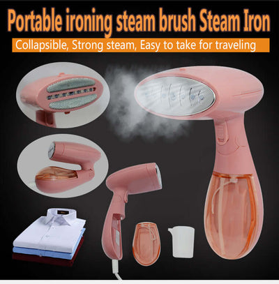 Portable ironing steam brush with strong steam, collapsible design, perfect for travel and quick garment smoothing.