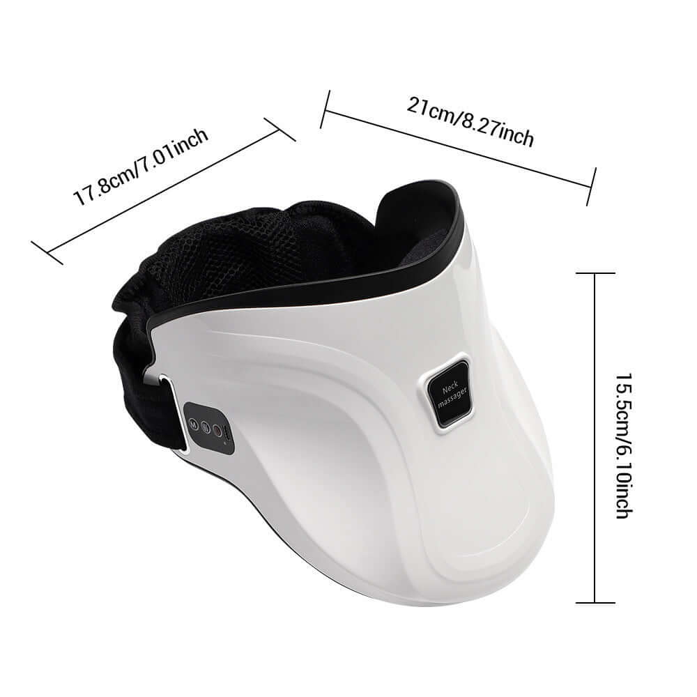 Electric neck massage device in white with dimensions, featuring heat and air traction for health and relaxation.