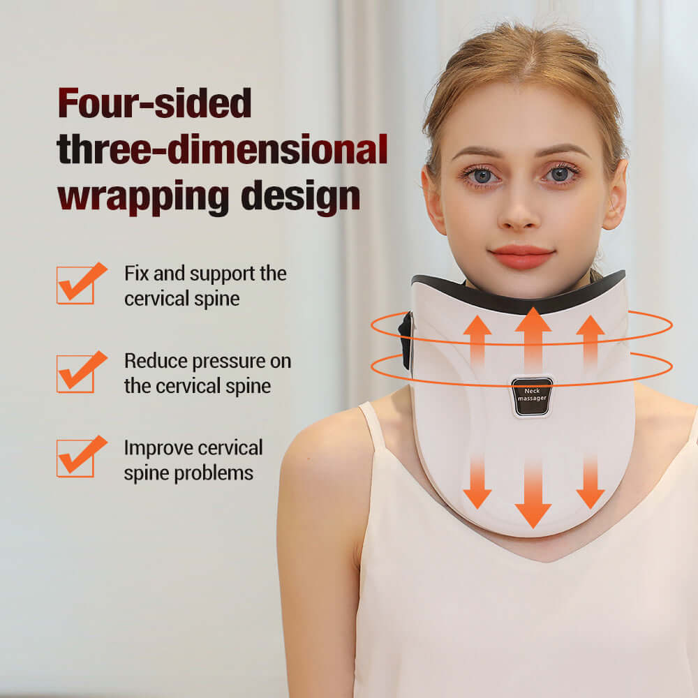 Electric neck massager with heat featuring a four-sided design for cervical spine support and pressure reduction.