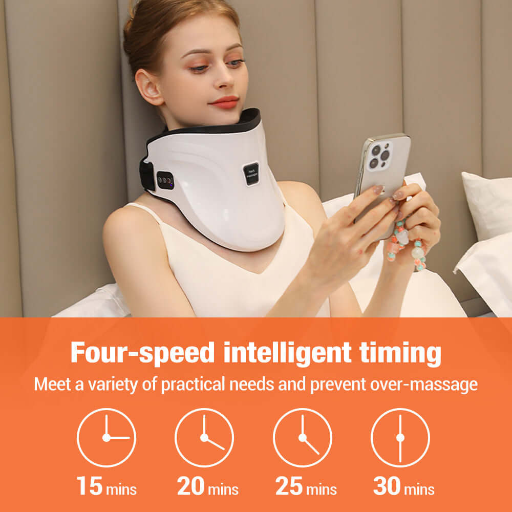 Woman using electric neck massager with heat, showcasing four-speed intelligent timing features for effective relaxation.