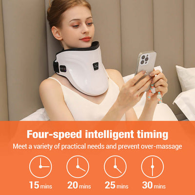 Woman using electric neck massager with heat, showcasing four-speed intelligent timing features for effective relaxation.