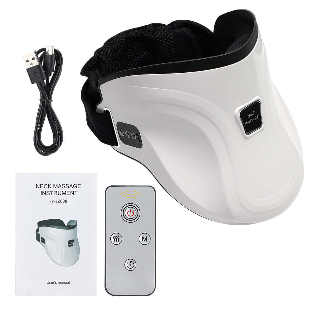 Electric neck massager with heat, air traction, remote control, USB charger, and user manual in white color.