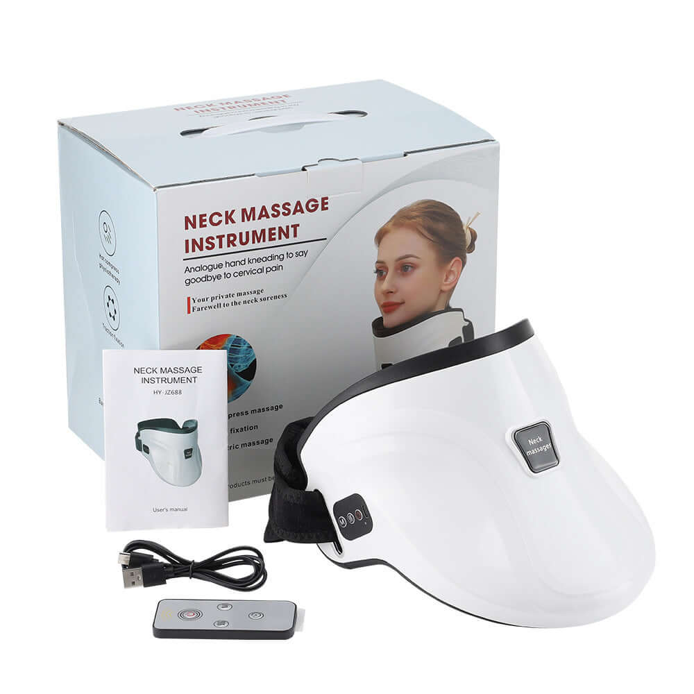 Electric neck massage instrument with heat, remote control, and user manual for soothing pain relief.