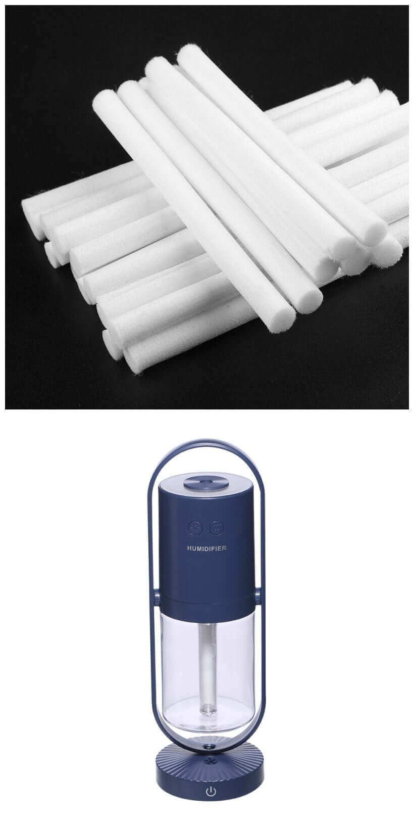 Anion humidifier with cotton swabs for replacement, featuring a sleek blue design and transparent water tank.