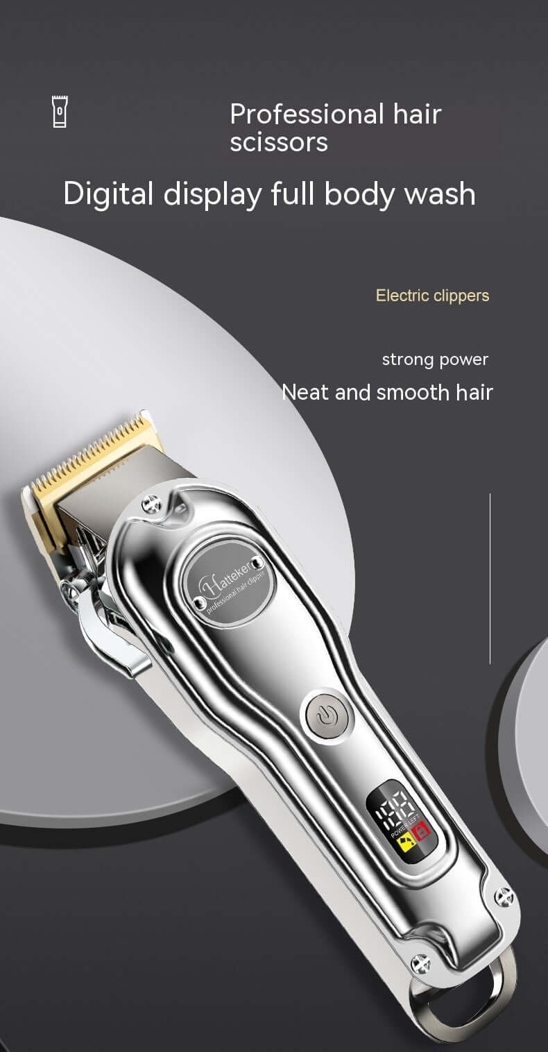 LED hair clipper with digital display and sleek design for professional hair styling and easy cleaning.