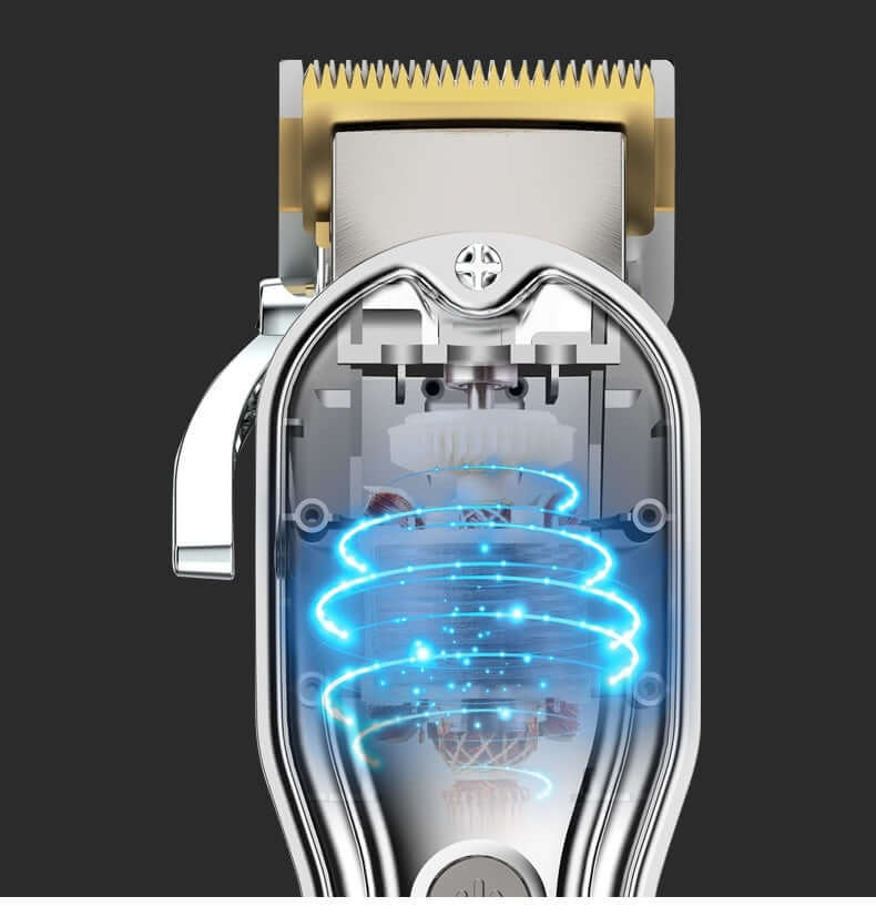 Close-up view of LED electric hair clipper showcasing its internal structure and brushed motor technology.