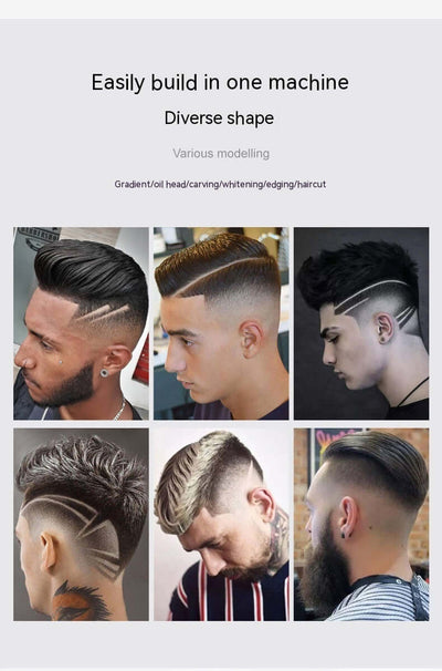 Various men's hairstyles showcasing diverse cutting techniques with a focus on gradients and designs using hair clippers.