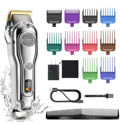 LED Electric Hair Clipper with accessories including combs, cleaning brush, and charging cable for effortless grooming.