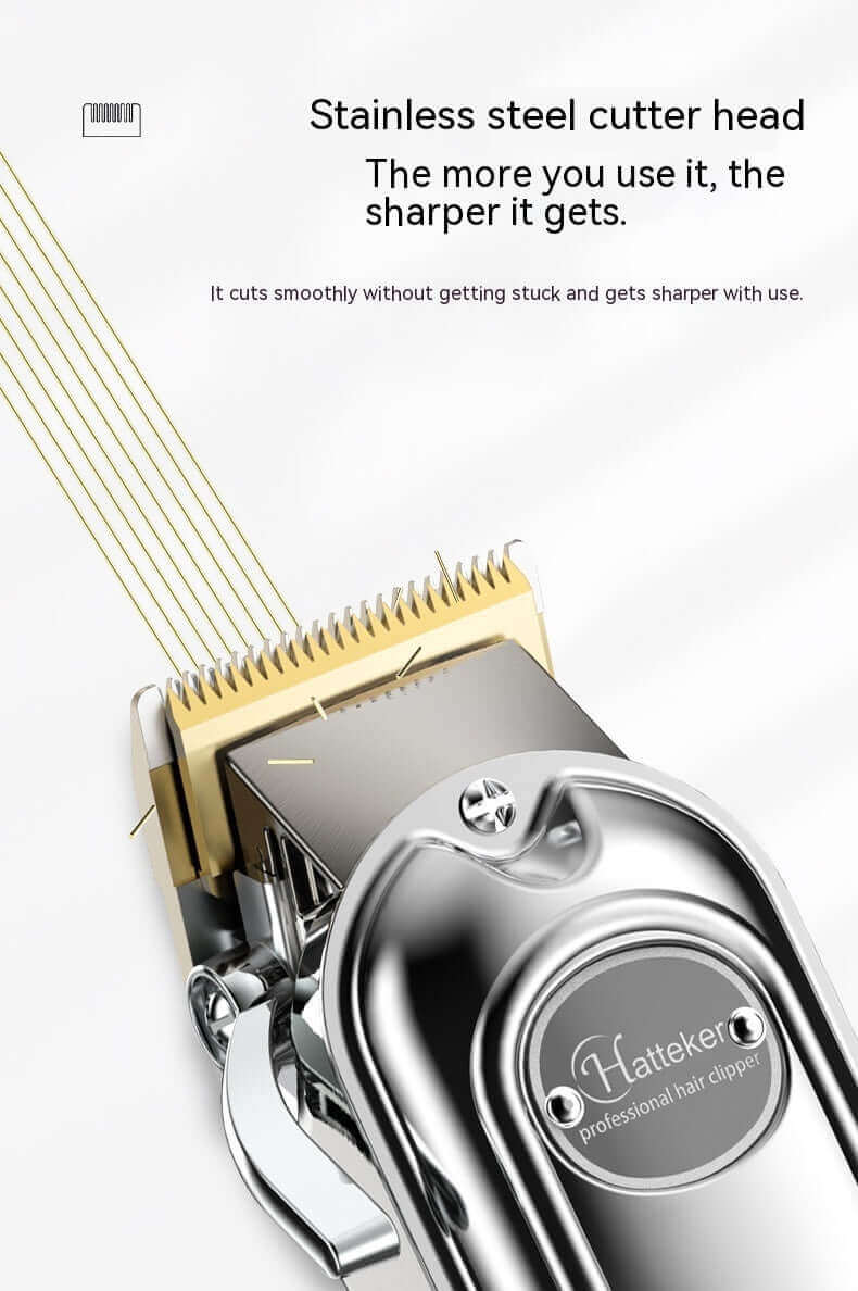 Stainless steel hair clipper head showcasing sharp cutting performance and smooth operation for professional grooming.