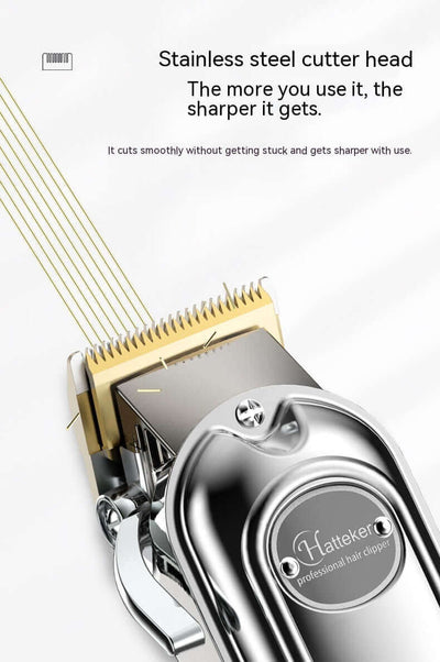 Stainless steel hair clipper head showcasing sharp cutting performance and smooth operation for professional grooming.