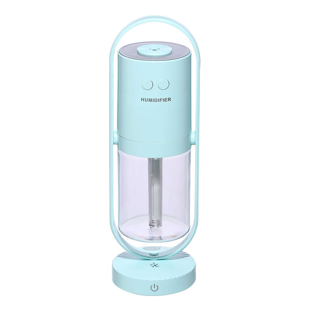 Anion humidifier in light blue with a transparent water tank and control buttons, designed for enhanced air quality.