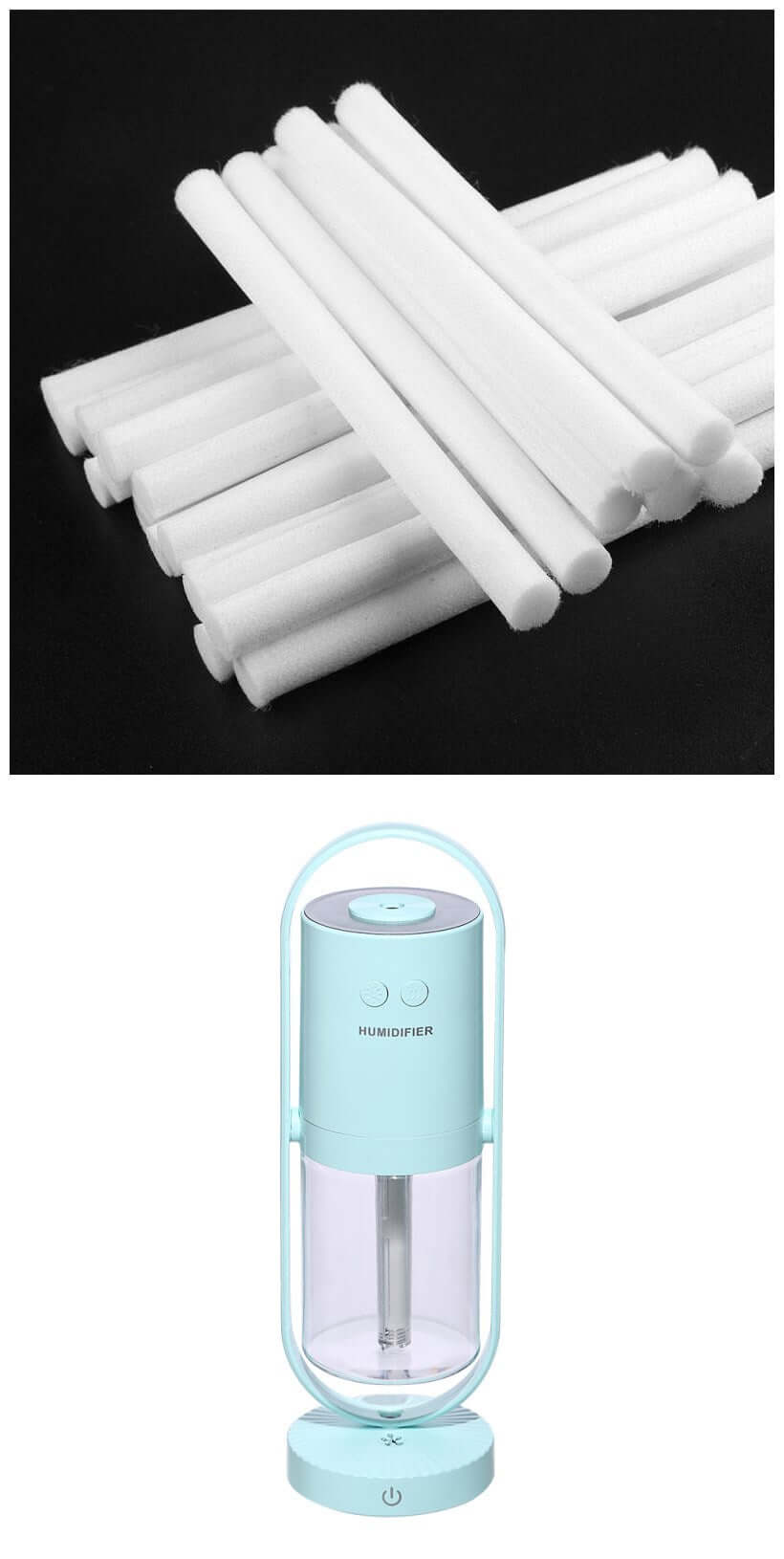 Anion humidifier with cotton swabs, featuring a sleek design in light blue and a transparent water reservoir.