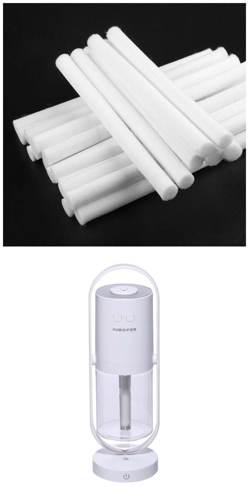 White cotton swabs for anion humidifier maintenance, featuring a sleek humidifier design below.