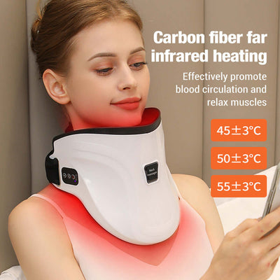 Woman using electric neck massager with infrared heating for muscle relaxation and improved blood circulation.