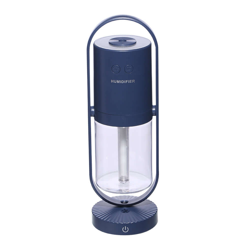 Stylish blue anion humidifier with transparent water tank and easy-to-use control buttons.