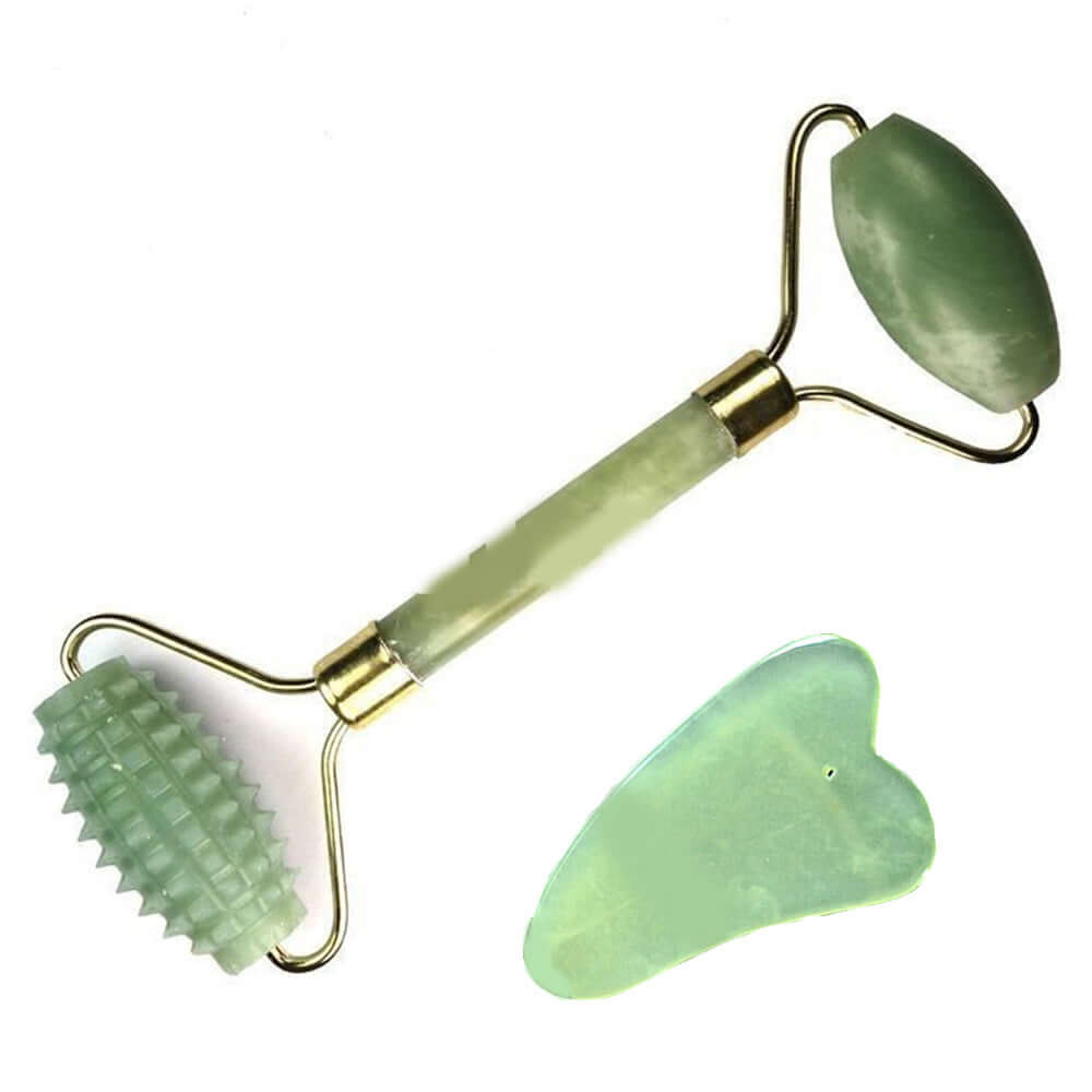 Natural jade beauty container massager set featuring a roller and scraper for skin elasticity and blood circulation.