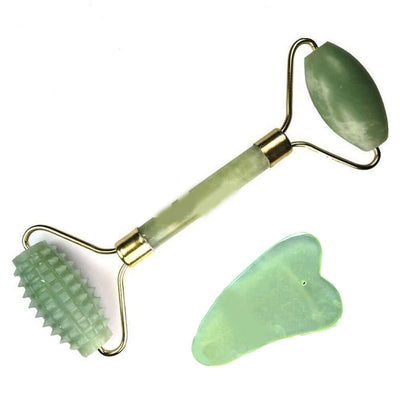 Natural jade beauty container massager set featuring a roller and scraper for skin elasticity and blood circulation.