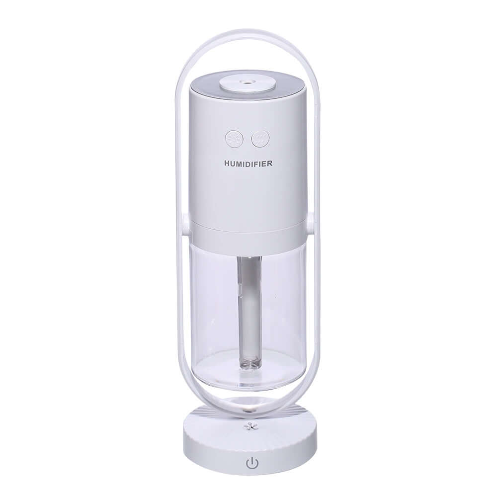 Anion humidifier in sleek design, featuring ABS and PP materials, with a transparent water tank and control buttons.