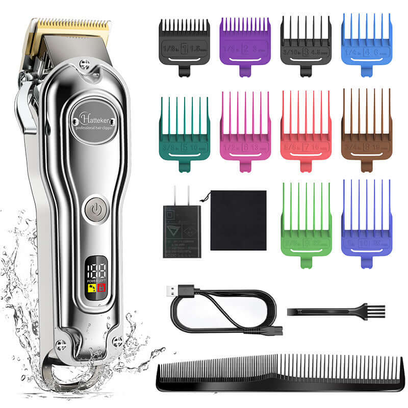 LED electric hair clipper set with multiple comb attachments, USB charger, cleaning brush, and storage bag.