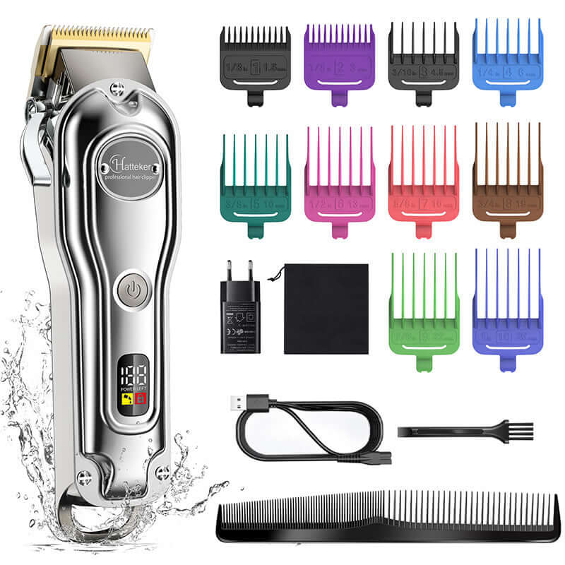 LED electric hair clipper set with multiple guide combs, USB charger, cleaning brush, and storage bag for salon use.