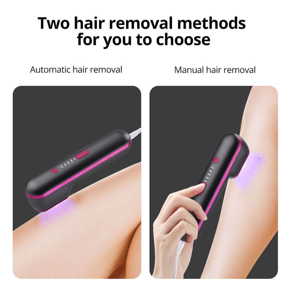 IPL laser hair removal device showing automatic and manual hair removal methods for customizable use.