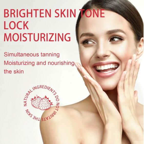 Woman smiling with radiant skin, promoting EELHOE Tanning Mist's moisturizing and brightening benefits.