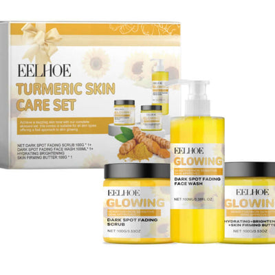 Eel Hoe Turmeric Skincare Set featuring a facial scrub, face wash, and moisturizing butter for glowing skin.