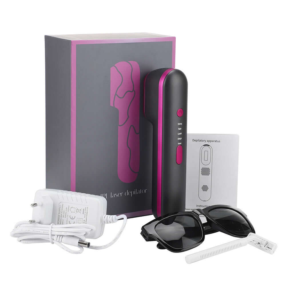 IPL laser hair removal device with accessories including charger, glasses, and user guide in stylish packaging.