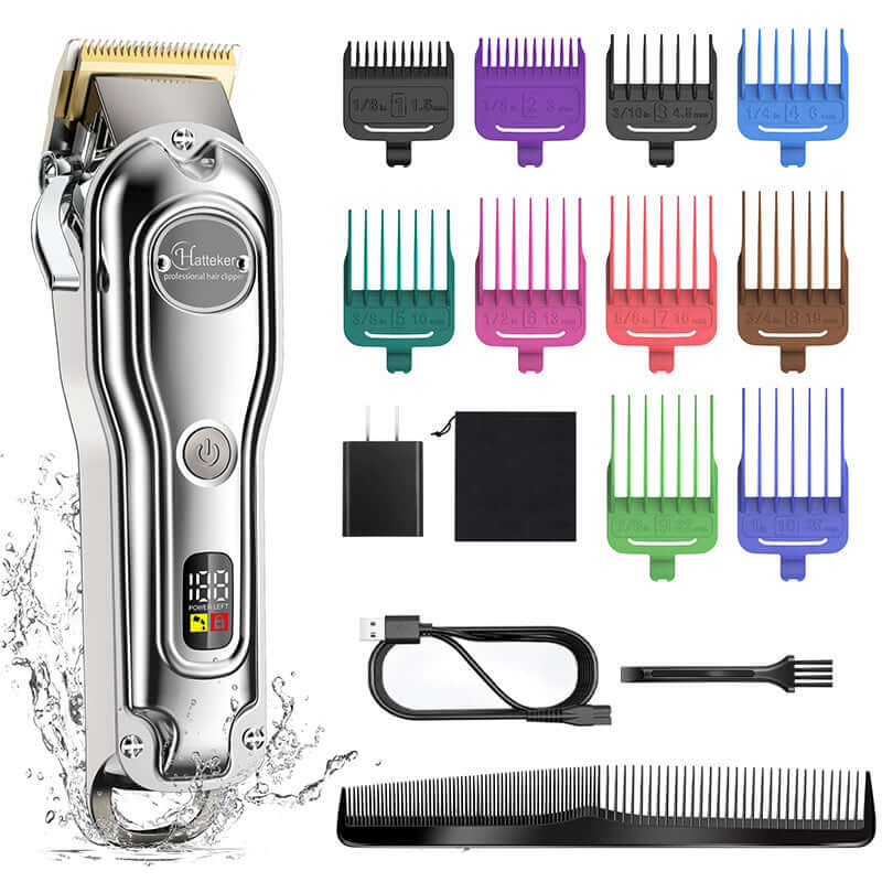 LED electric hair clipper with adjustable combs, USB charger, cleaning brush, and accessories for professional grooming.