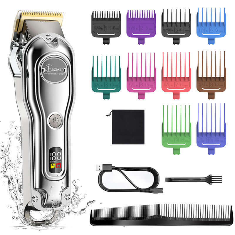 LED Electric Hair Clipper with multiple comb attachments, charging cable, and cleaning tools for easy grooming and styling.