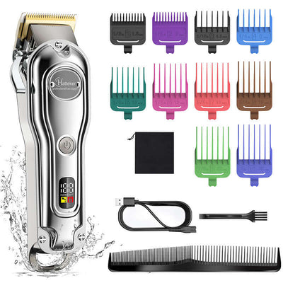 LED Electric Hair Clipper with multiple comb attachments, charging cable, and cleaning tools for easy grooming and styling.