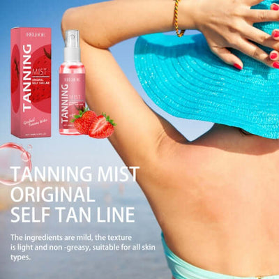 EELHOE Tanning Mist in a pink box next to a woman applying the spray, showcasing a sun-kissed glow and hydration.