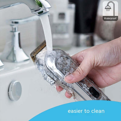 User effortlessly cleans the waterproof LED electric hair clipper under running water, emphasizing easy maintenance.