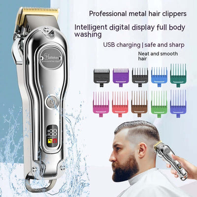 Professional metal LED hair clipper with digital display, USB charging, and color-coded comb attachments for smooth cuts.