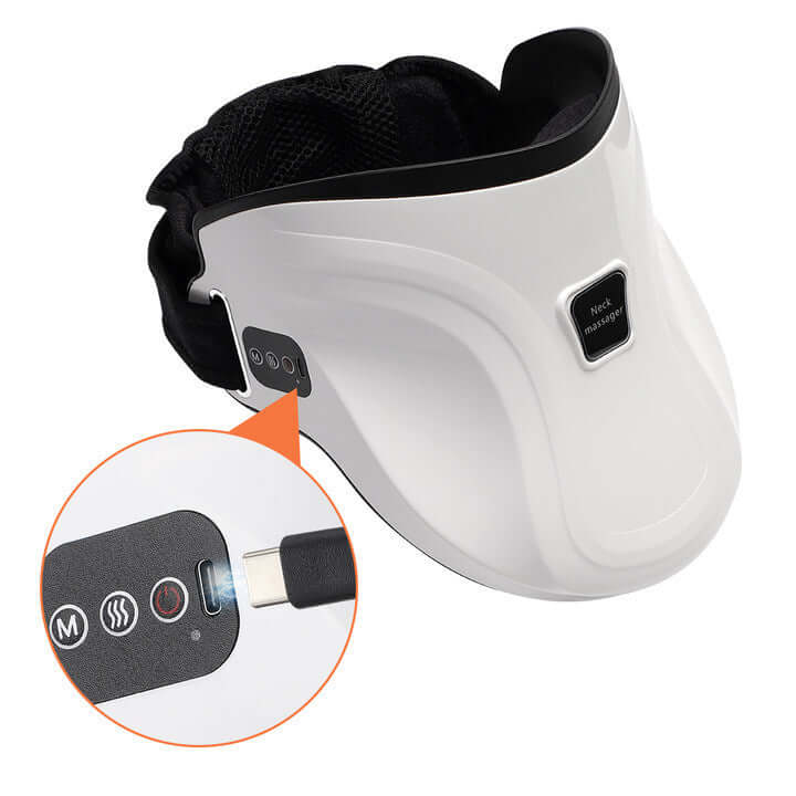 Electric neck massager in white with heat and air traction features, showing control buttons and charging port.