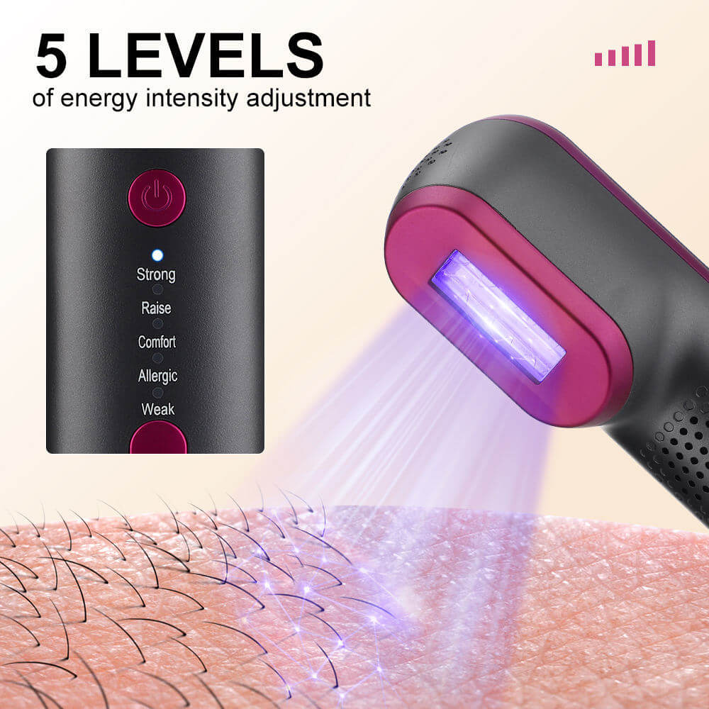 IPL laser hair removal device showing 5 energy intensity levels for customizable treatments and painless experience.